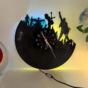 Music Band LED Vinyl Record Wall Clock, 7 Color Light Music Theme, 12 Inch Vintage Bar Decor, Silent Quartz Wall Decoration Gift