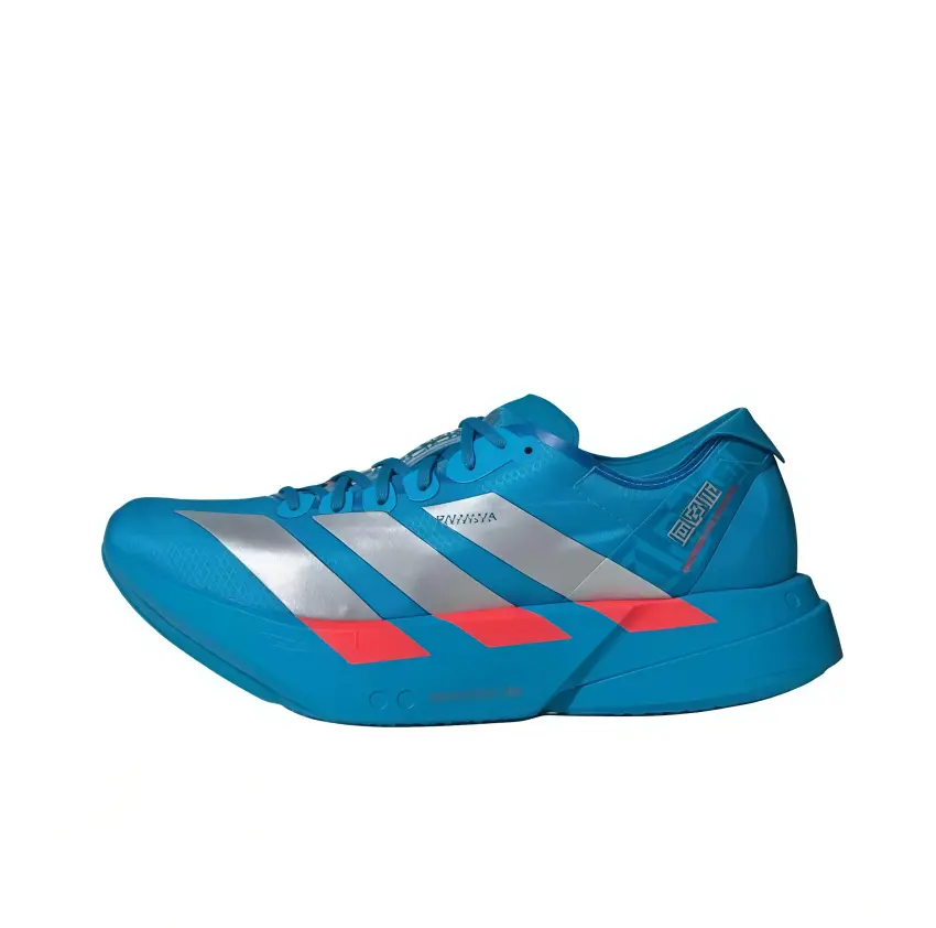 Bright sky-blue lightweight thin woven upper paired with metallic silver wide stripes and vivid red accent blocks delivers sharp competitive running style. Low streamlined frame cuts extra weight for marathon training