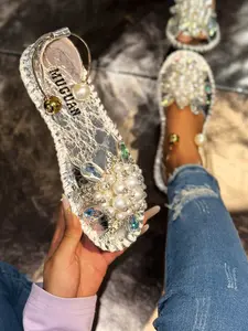 Summer Pearl Rhinestone Flat Sandals, Simple Open-Toe Design, Soft Comfortable, Perfect for Beach Vacation, Elegant Sparkle Decor, Glitter Decorated Sandals