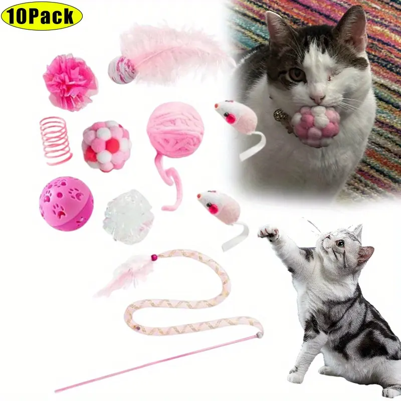 10Pcs Cat Toy Set Interactive Cat Toys Pack Including Feather Teaser Wand Cat Springs Mice Crinkle Balls and Pet Bell Balls, Puzzle Toys for Indoor Cats Gift (Pink)