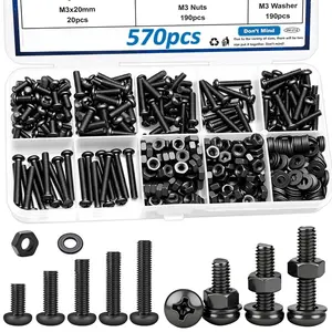 570 count Black M3 Screws with Nuts Assortment Kit Nuts M3x6/10/14/16/20mm 5-Sizes Bolt Washer Assortment Kit for Machinery, Furniture, Automotive,DIY,  Printer,  Repairs