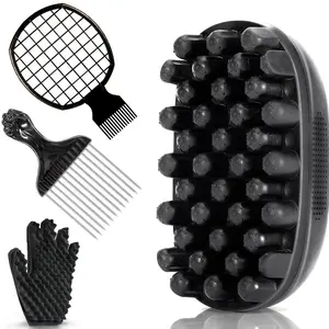 4-Pack Hair Curling Sponges for Natural Curls with Dual Function Design & Stainless Steel Needle Brush for Men & Women Styling