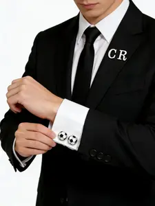 Men's Fun Letter Brooches Set, 3D Football Cufflinks, Sports Fan Versatile Clothing Accessory, Fashionable Silver Color Gentleman Suit Shirt Decoration