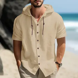 Men’s summer casual solid-color linen button hooded sweatshirt, suitable for beach vacations and street style; comfortable and breathable for summer outings.