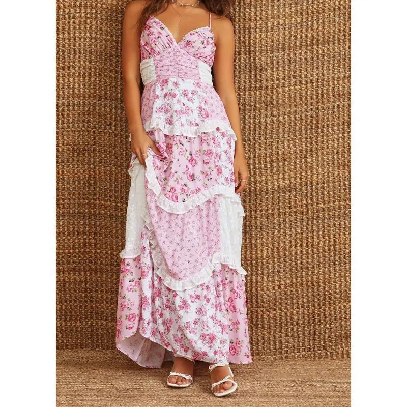 Turn Heads in Style with our Floral Lace Patchwork Spaghetti Strap Dress - Available in Pink or Blue for a Chic Summer LookGift