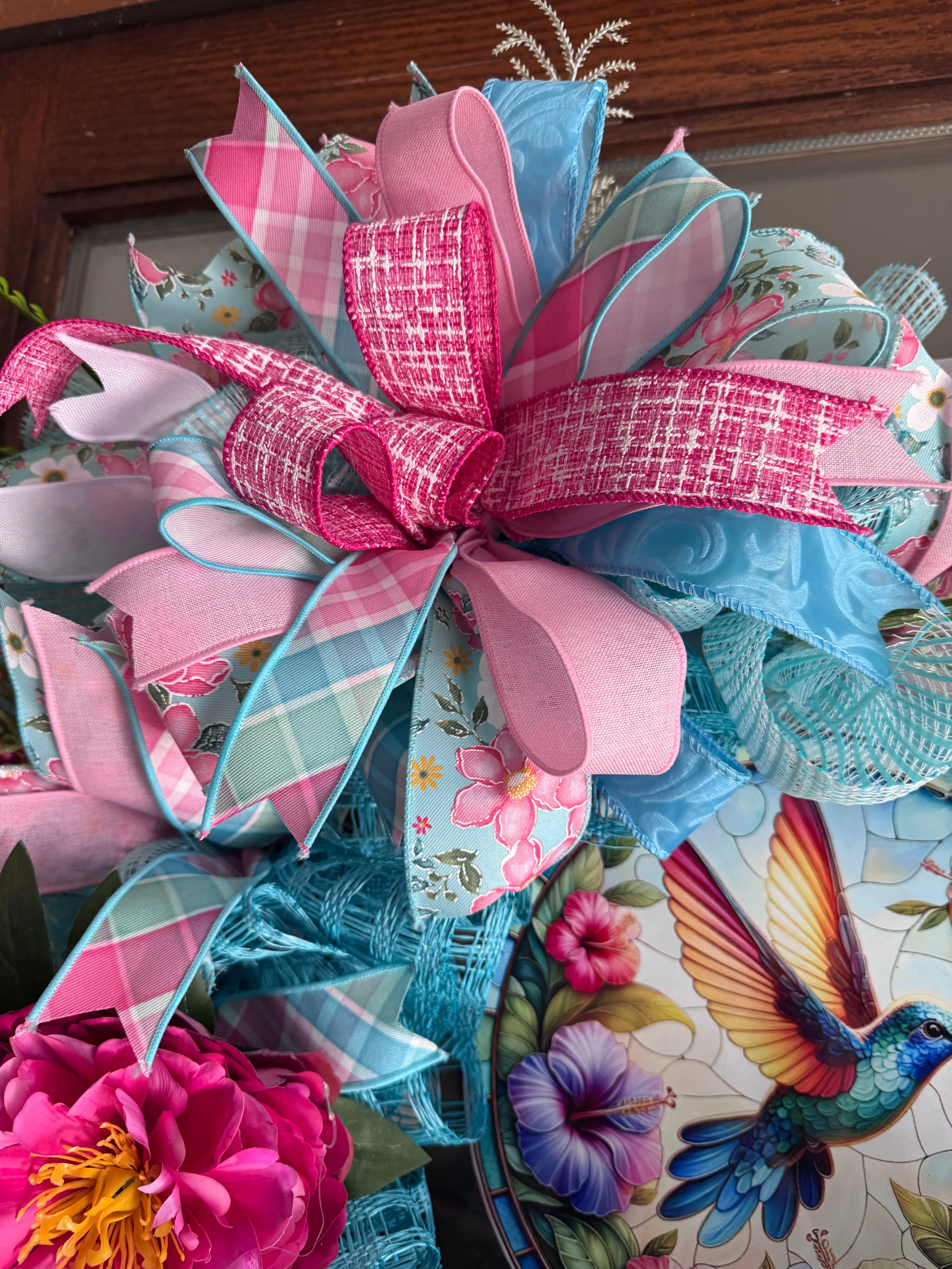 Hummingbird Spring Wreath for Front Door – Pink and Blue Everyday Summer Wreath with Designer Ribbon