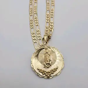 Virgin Mary with Flowers Chain Figaro Style 24 Inches 5 Milimeters Laminated Gold Jewerly Necklace
