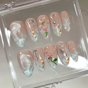 Koi Pond Bliss Press On Nails | Koi Floral Acrylic Nails | Serene Waters Nail Art | Blossoming Fake Nails | Zen Garden Koi Nails | HB479Y