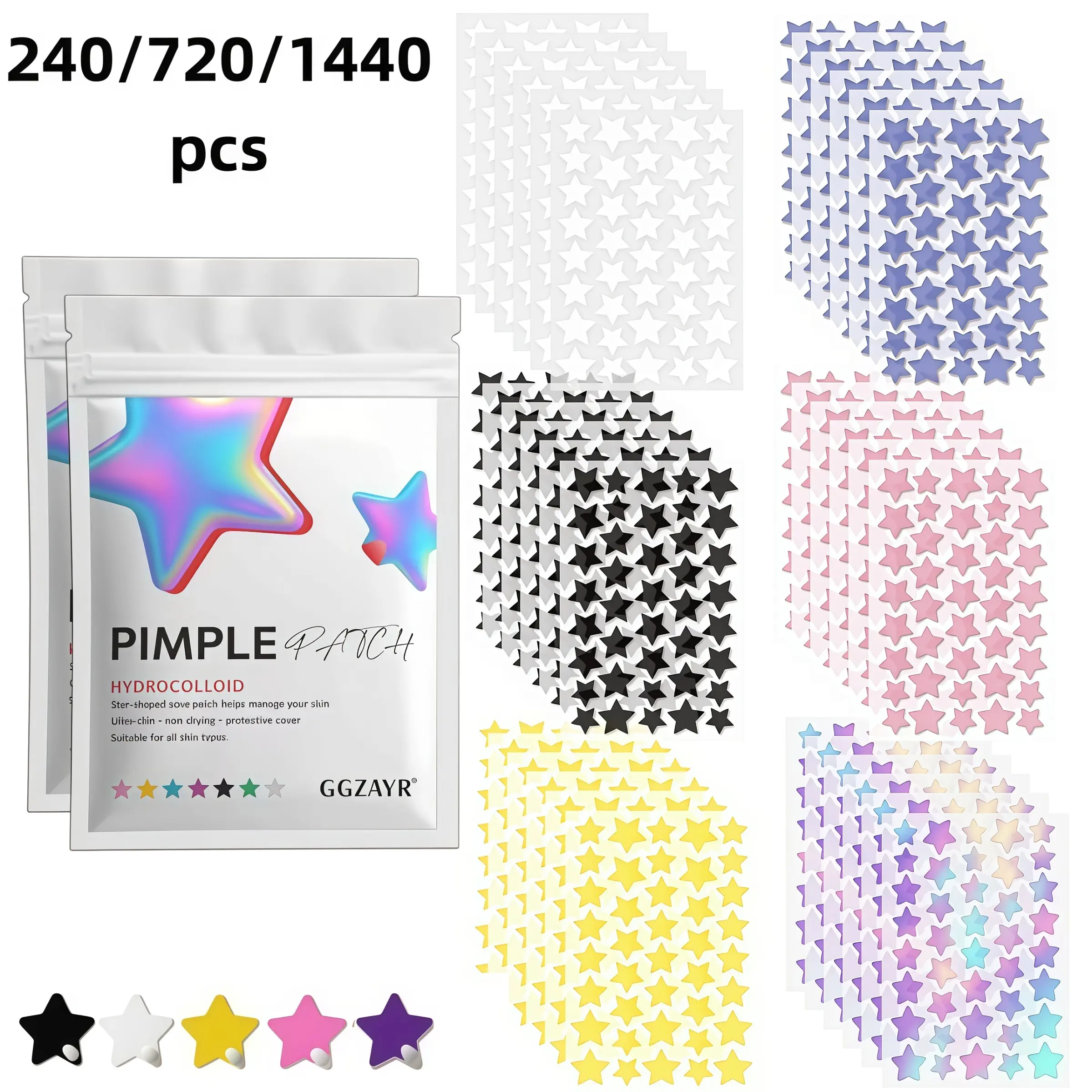 240/720/1440pcs 6-Color Star Pimple Patch Set, Acne Blemish Patches, Cute Multi-Color Face Cover Stickers, Mixed-Size Hydrocolloid Spot Patches, Thin Beauty Dots for Day & Night Use