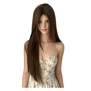 Women's full wig with lace front, linen brown, middle-parted long straight hair, simulated human hair, naturally voluminous