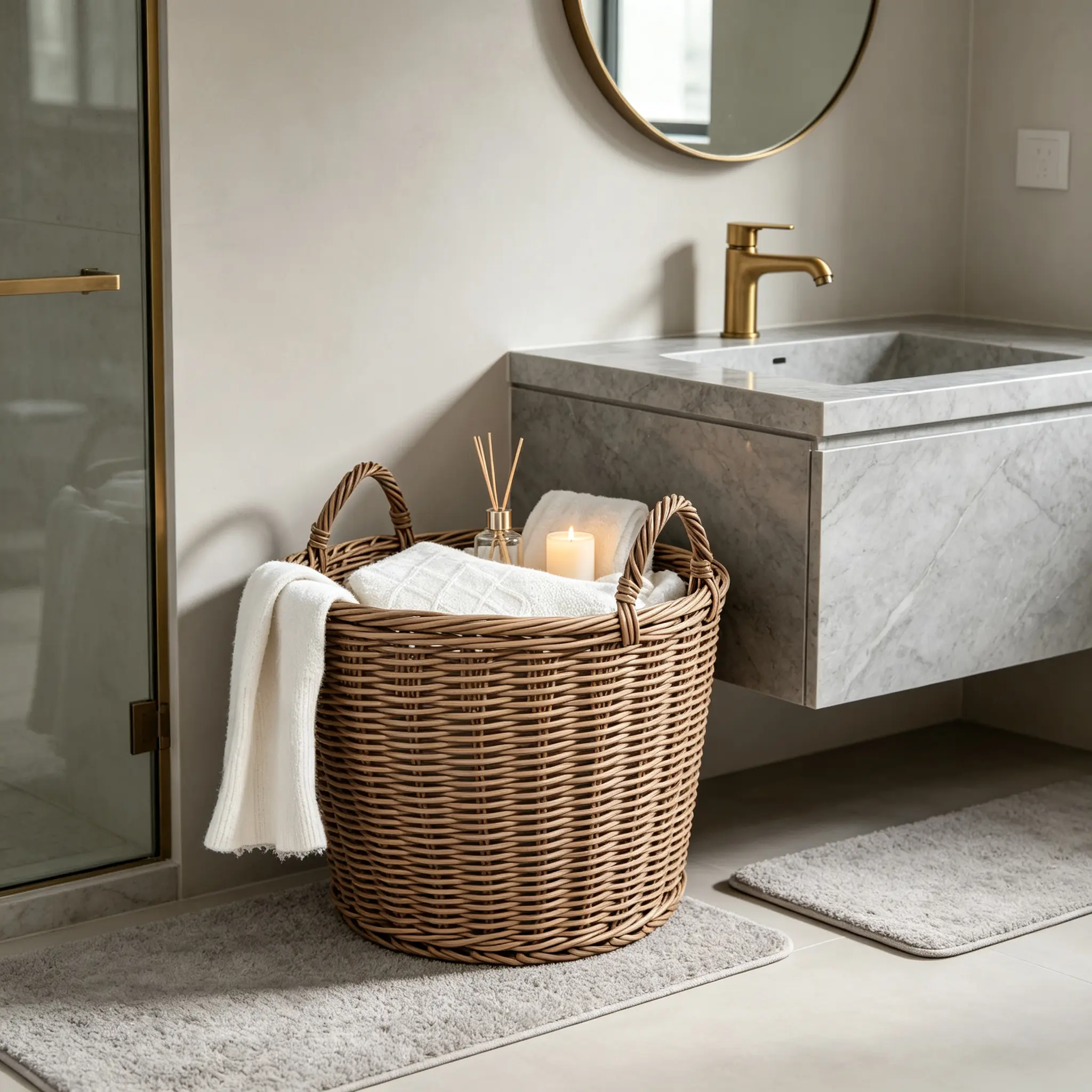 Large Round Wicker Storage Basket with Sturdy Built-in Handles - Brown Woven Rattan Organizer, Decorative Multipurpose for Blankets, Laundry, Home Storage & Decor, Bathroom Baskets, Wicker Baskets