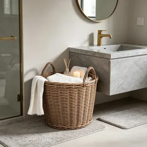 Large Round Wicker Storage Basket with Sturdy Built-in Handles, Brown Woven Rattan Organizer Basket, Decorative Multipurpose Basket for Blankets, Laundry, Toys, Linens, Home Storage and Decor