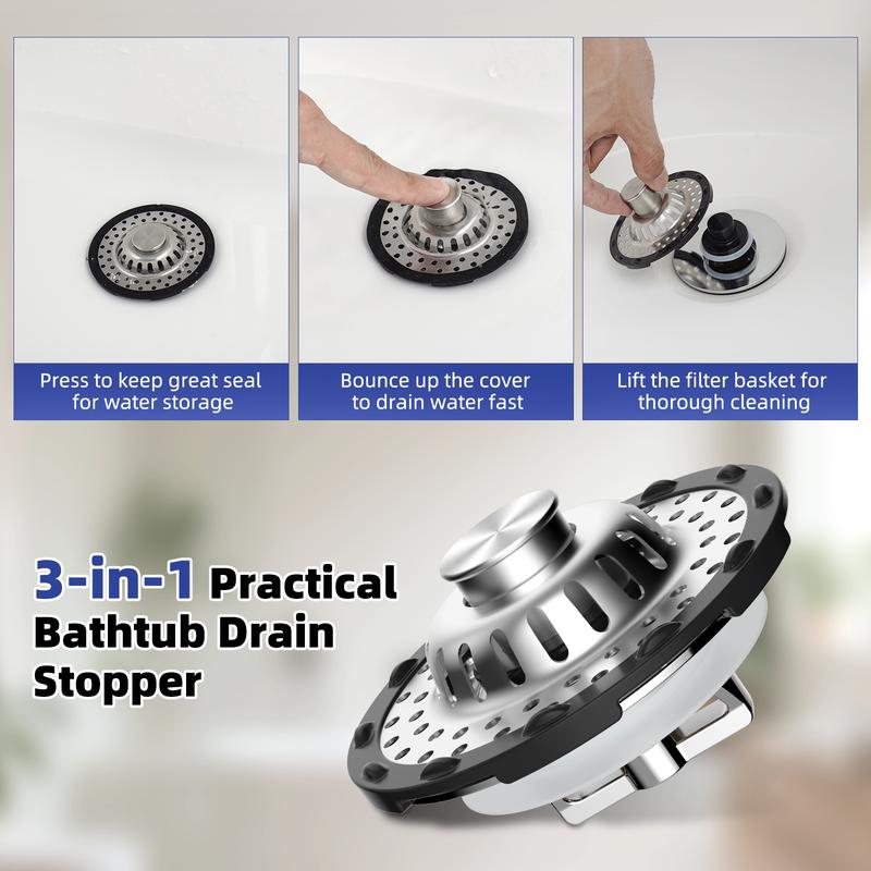 Hibbent Bathtub Drain Stopper with Visible Top Hair Catcher, Innovative 3 in 1 Pop-up Bathtub Strainer Fit for Standard 1.5 to 2.4in Drain Hole, with Detachable Stainless Steel Filter Basket, Chrome
