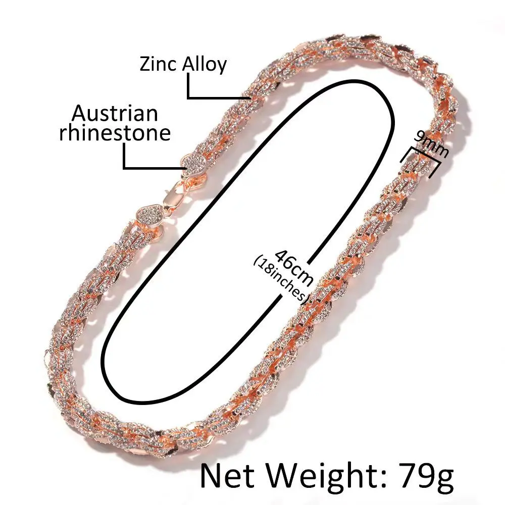 18K Gold Vacuum Plated Copper Chunky Rope Chain Necklace with 5A+ Sri Lanka Zircon, Hip Hop Luxury Jewelry for Men & Women, Unisex Streetwear Accessory, Daily Wear Gift Idea