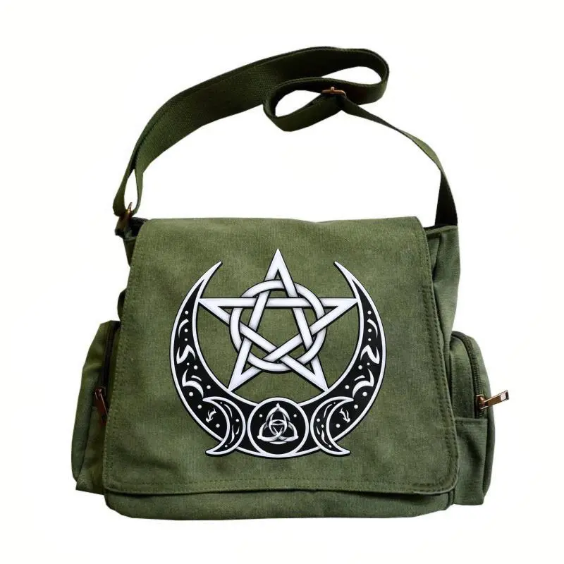 Women’s large-capacity adjustable crossbody shoulder bag — vintage flap tote messenger bag featuring a mysterious pentagram and double moon pattern, suitable for everyday outings and gatherings, an excellent gift choice, women’s bag style.