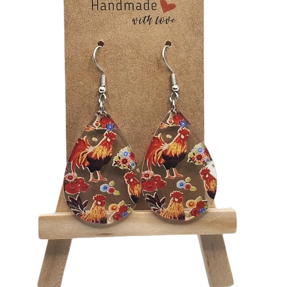 Cute Rooster Acrylic Drop Hook Earrings - Handmade, Elegant Design, Classic Style, Casual Occasions Must-Have Fashion Costume Jewelry Accessory, Handmade With Love