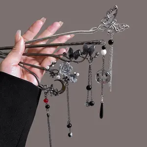 Vintage Butterfly Moon Flower Chinese Hair Sticks 6 Pcs Metal Hair Pins for Women Retro Tassel Decorative Hair Accessories for Hanfu & Qipao Goddess Hair Clip Barrettes Hair Clips Beads