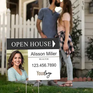 Custom Open House Yard Sign for Realtors with Metal H-Frame, Real Estate Waterproof 4mm Plastic Sign, Double-Sided UV Print, Available in 3 Sizes
