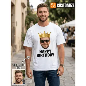 Men's Custom Photo Face T-Shirt with Personalized Crown & DIY Text Print - Breathable Suitable for Casual Crew Neck Tee, Funny Birthday Party Gift Him, Boyfriend, Attire and Shoot Outfits