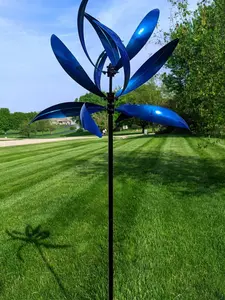 Red Starburst Luminous Montana Wind Sculpture Spinner - Blue Windmill for Outdoor Decor