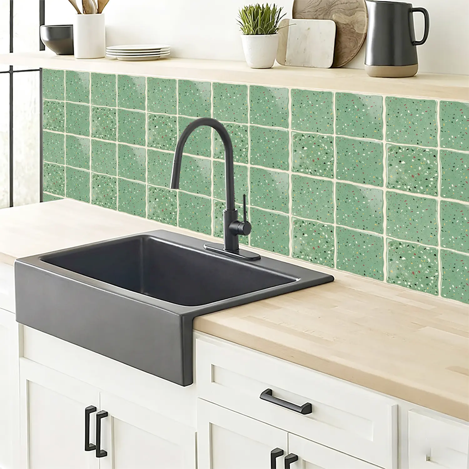 Mint Green Terrazzo Peel and Stick Backsplash Tile Stickers, Self Adhesive Decorative Wall Tiles, Stick On Mosaic Tiles for Kitchen, Bathroom and DIY Home Decor