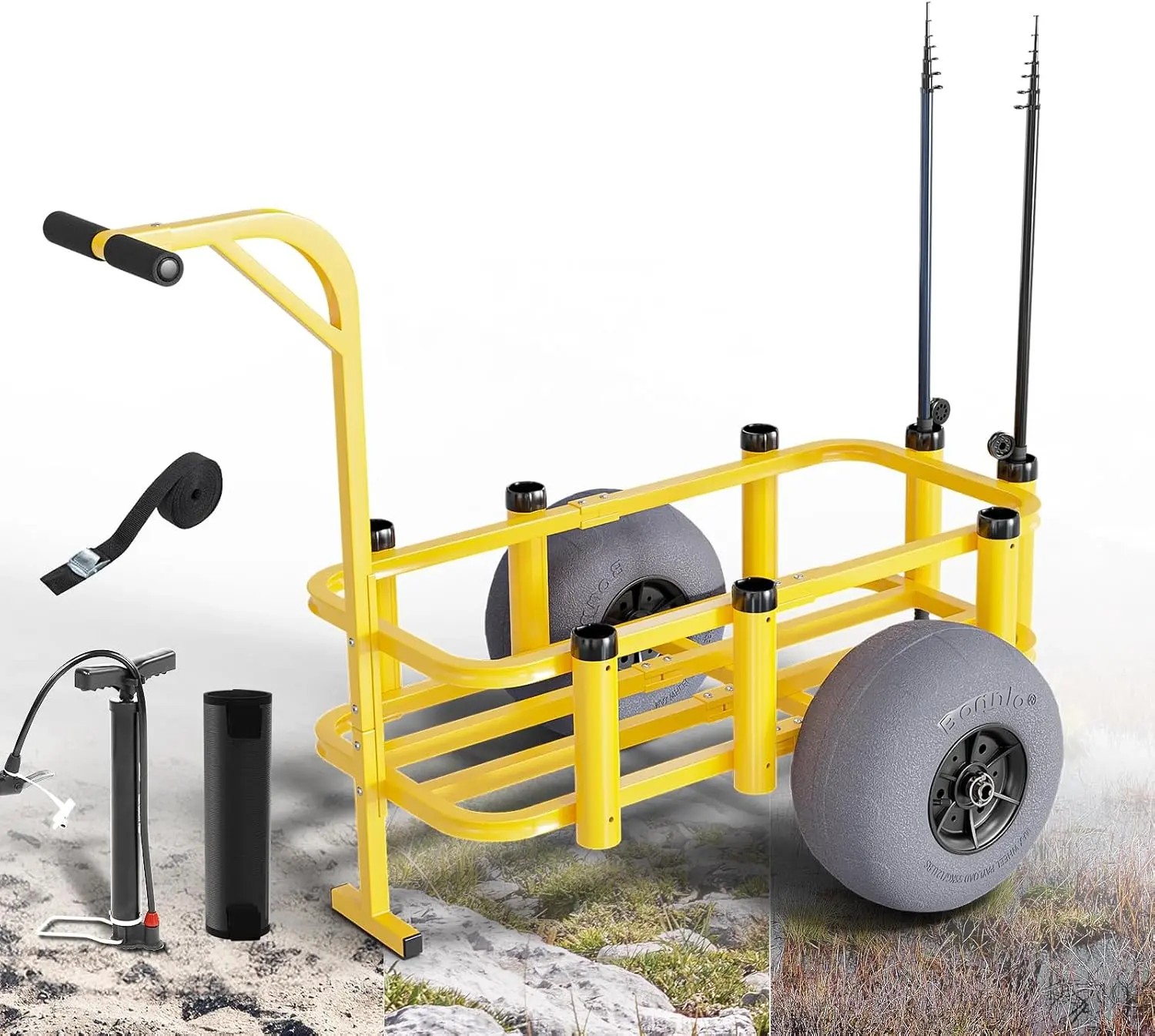 Bonnlo Fishing Cart, Beach Wagon with 13" Big Wheels for Sand, Beach Cart, 300 lbs Load Capacity, 8 Fishing Rods Holders, Mesh Bag, Hand Pump