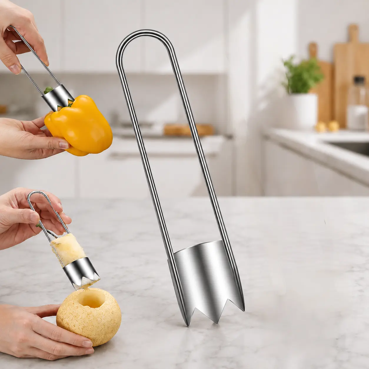 Fruit and vegetable pitter, upgraded stainless steel pitter, suitable for pineapples, apples, pears, peppers, tomatoes and other vegetables, a simple kitchen tool.