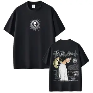 Women's Japanese Anime Death Note L Lawliet Casual Vintage Graphic Tees, Premium Heavyweight Acid Washed Cotton Loose-Fitting Oversized Short-Sleeve Round Neck T-Shirt, Retro Hip Hop Urban Streetwear for Otaku Fans