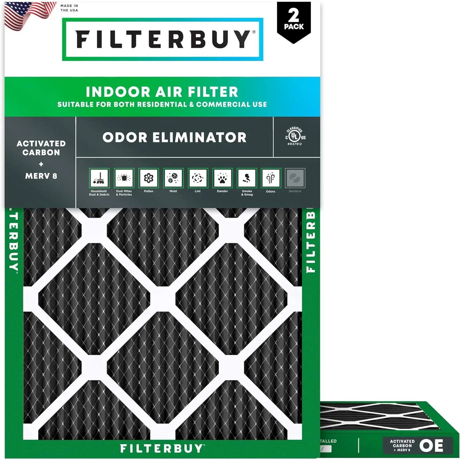 Filterbuy Rectangular Replacement HVAC AC Furnace Air Filter (2-Pack) - 18x24x1 in, Eco-Friendly Synthetic Polypro Pleated MERV 8 Odor Eliminator with Electrostatic Charge (Actual Size: 17.38x23.38x0.75 in)