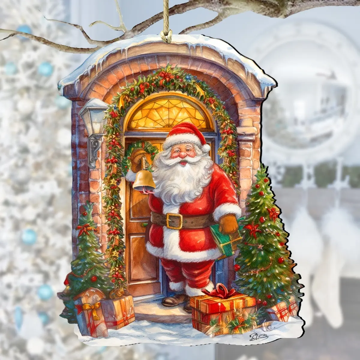 Designocracy 8611044 Handmade Artistic Wooden Christmas Ornaments - 5x5.5x0.25" Knocking the Door Santa, Snowman - UV Coating Decorative Indoor Home Decoration, Holiday Gift, Collectible, Indoors