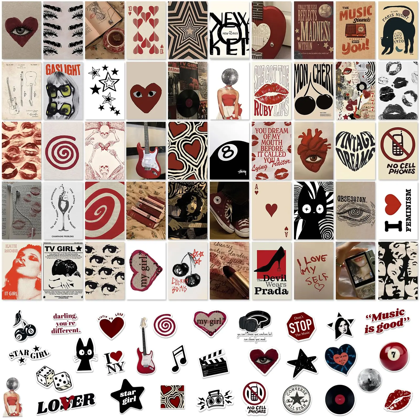 Downtown Girl Room Decor  50pcs Y2k Posters With Stickers Vintage Poster For Aesthetic 4"x6" 2000s Wall Collage Kit Retro Dark Red Coquette Trendy Art Prints Teen Bedroom Dorm