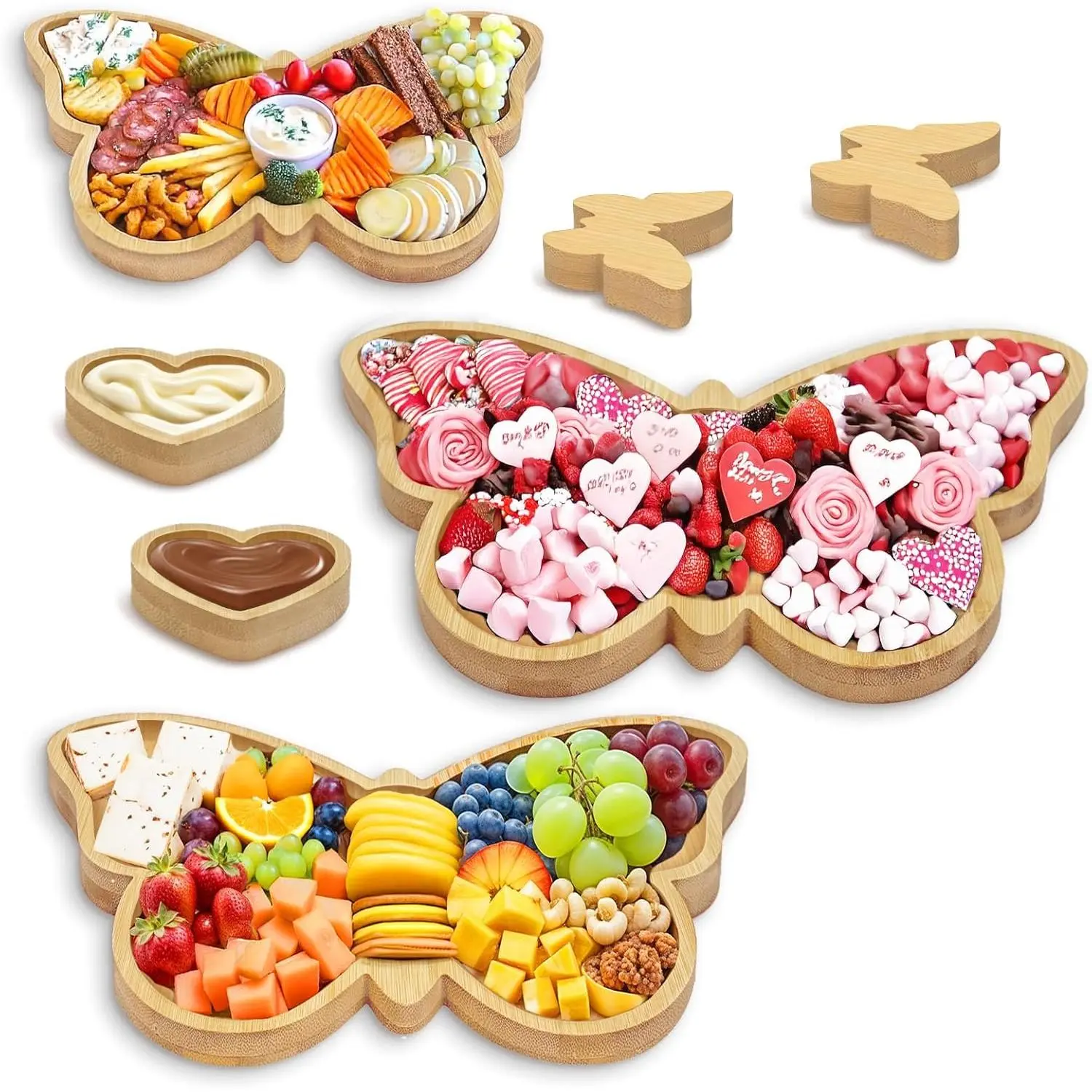 Aesthetic 7-Piece Bamboo Butterfly Charcuterie Board Set, Wooden Cheese Serving Platter Trays with 2 Dipping Saucers & 2 DIY Coasters for Family Baby Shower Wedding Decor