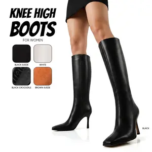 Knee High Boots for Women Square Toe Stiletto Heel Tall Long Boots Gifts Zipper Closure Easy Pull On Wide Calf for Work Casual Dress Shoes Spring Boot