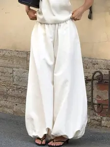 Womens White Wide Leg Pants High Waist Elastic Waist Loose Fit Flowing Palazzo Trousers Lightweight Breathable Soft Fabric Casual Chic Street Style Summer Vacation Beach Daily Minimalist Fashion Pants Wide Legged Pants