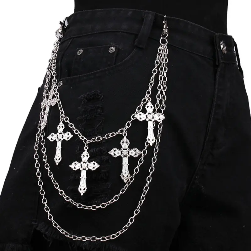 1pc Silver Cross Layered Pants Chain, Gothic Punk Multi Layer Jean Chain with Clips, Metal Waist Chain Accessory for Women Men Streetwear Outfits