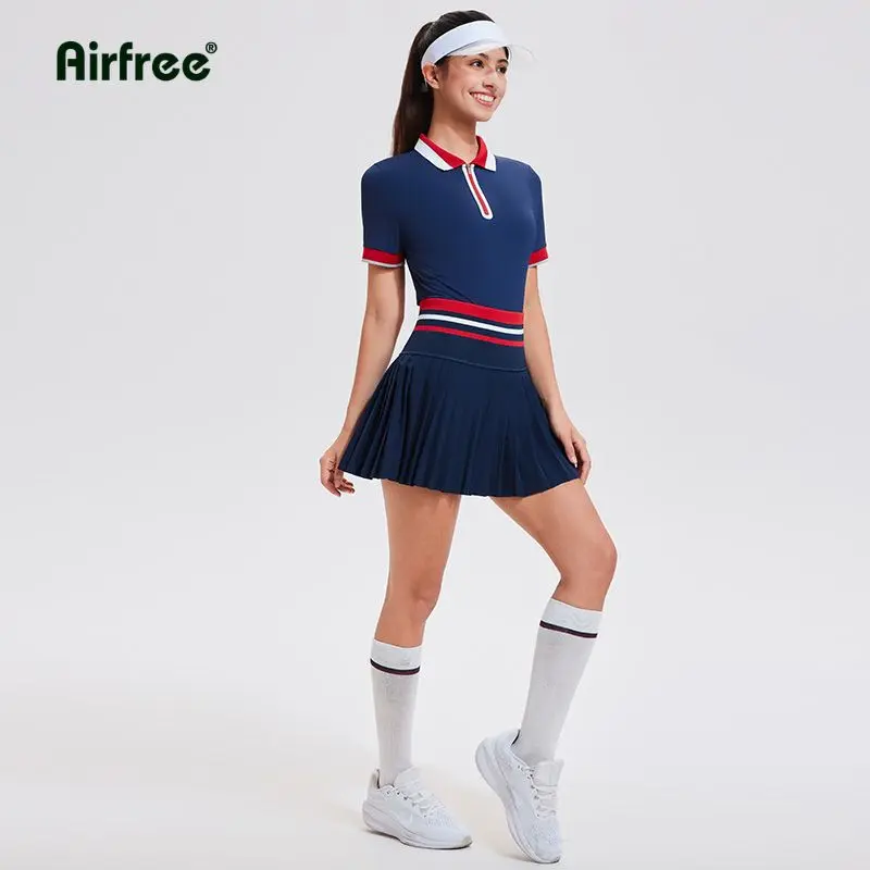 Airfree Women's 2-Piece High-Waisted Black Tennis Skirt Set - Zipper Polo Golf Shirt (Long/Short Sleeve), Quick-Dry Non-See-Through Athletic Activewear for Pickleball, Summer Athleisure Gym Outfit, Women's 2-Piece Shirt Outfits, 2 Piece Sets, Shirts