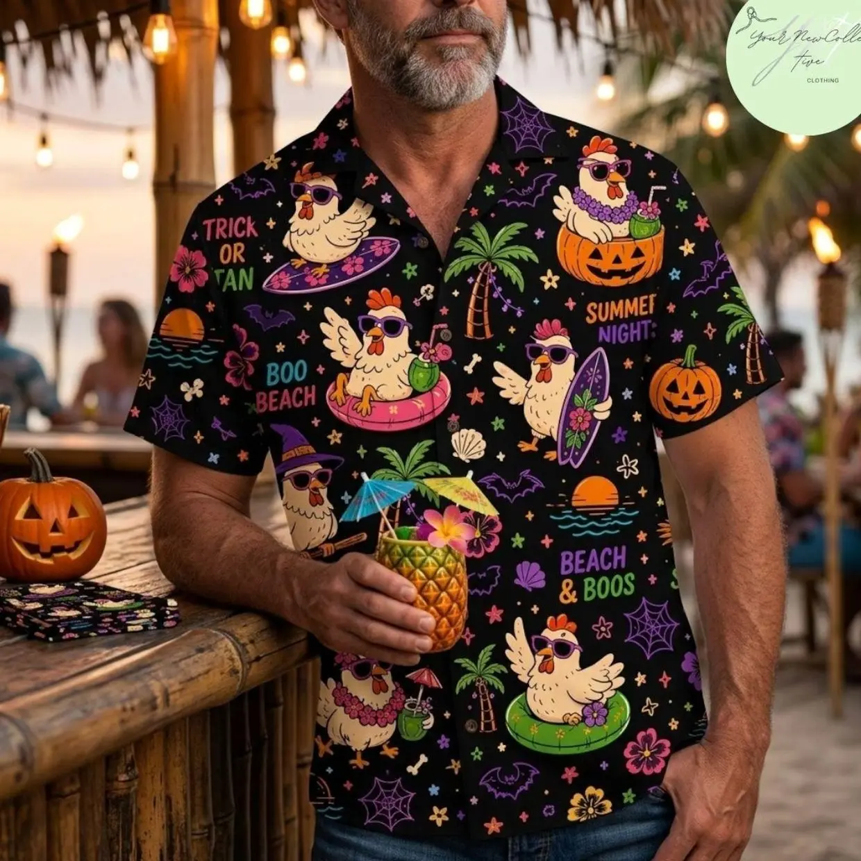 Halloween Chicken Hawaiian Shirt, Spooky Beach Button Up Shirt, Funny Rooster Vacation Shirt, Tropical Halloween Shirt, Summer Party Gift