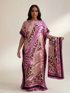 Women's Elegant Leopard Pattern Robe Set, Long Dress + Headscarf Scarf Hairband, Beach Sun Protection Satin Silk Shawl, Beach Cover Ups, Swimwear Coverups, Swimsuit Cover Ups