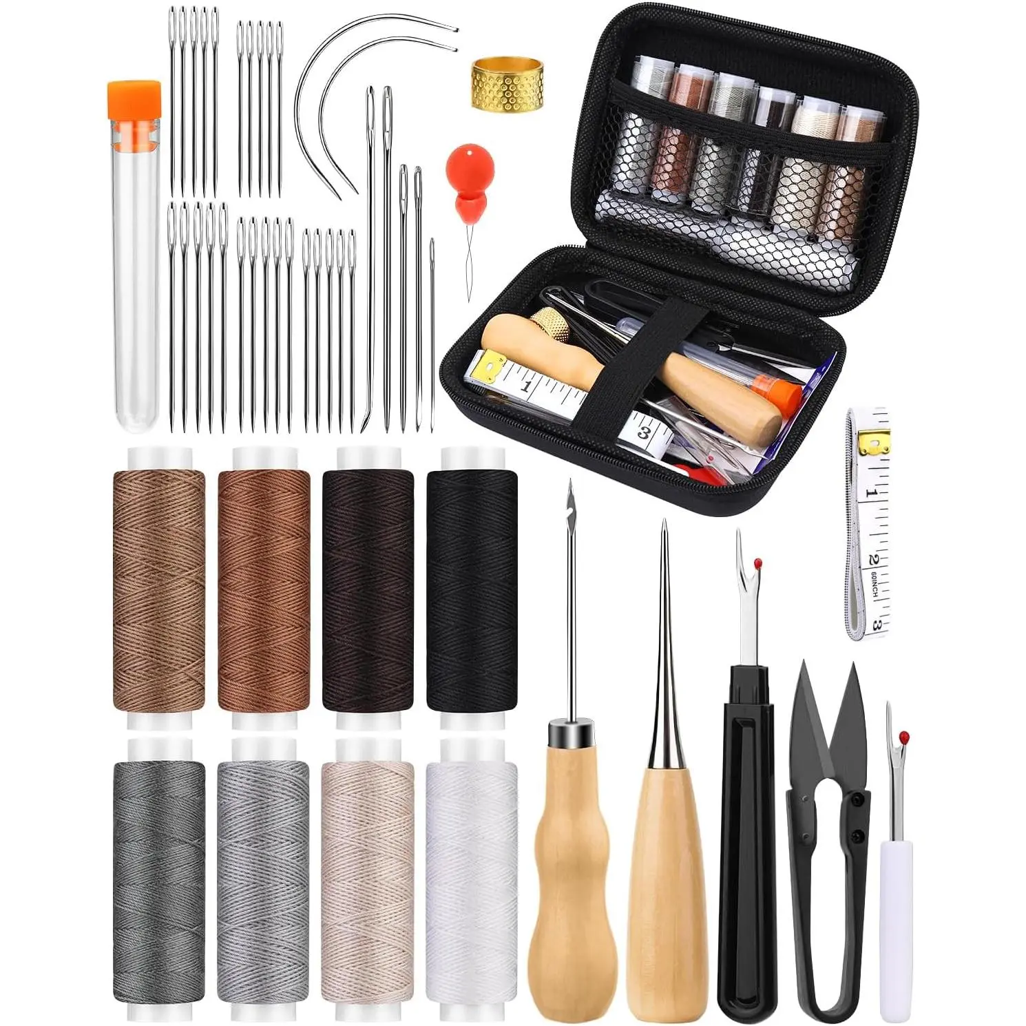 Upholstery Repair Kit, 50 count Sewing Kit with 8 Color Sewing Thread 32 count Upholstery , Sewing Awl, Heavy Duty Sewing Kit for Hand Sewing  Sofa Shoe Backpack Craft DIY