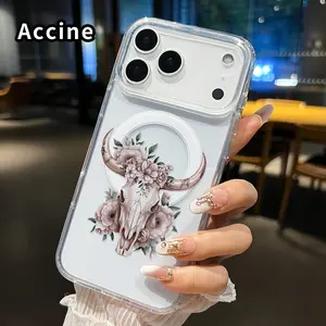 Magnetic Phone Case for iphone Supports Wireless Charging for iPhone 17 Pro Max 16 Plus 15 14 13 12 11 Air XR E Floral Skull Elegance Pattern Anti-Yellowing Shockproof durable ultra-thin Crystal Transparent Acrylic Large Hole Cover