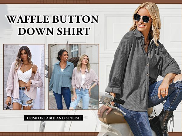 HOTOUCH Waffle Button Down Shirt Women's Casual Knit Tops Long Sleeve Loose Fit Shacket with Pocket 2025 Outfit