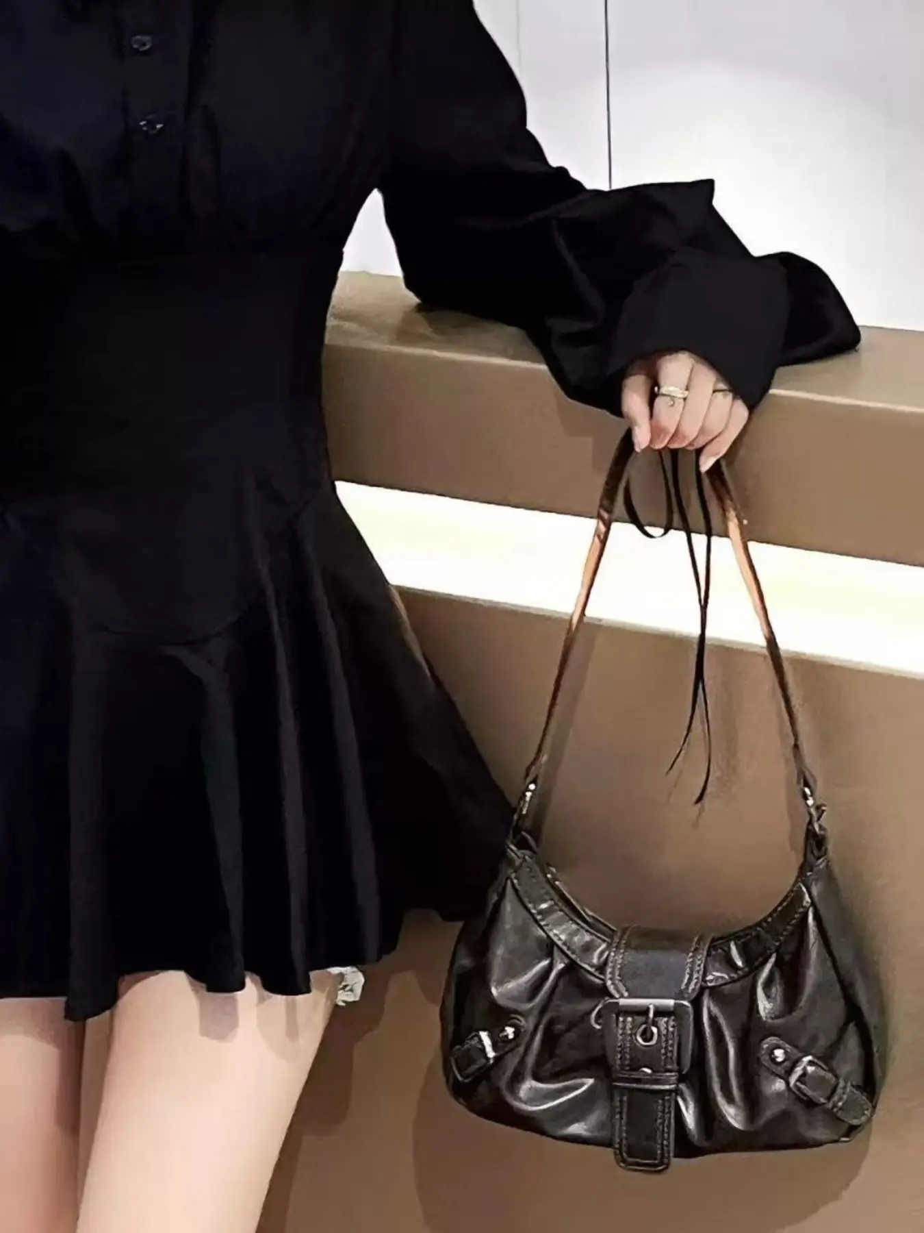 Vintage Women's Shoulder Bag, Punk Gothic Y2K Style PU Leather, Motorcycle Shape with Studs and Metal Chain, Adjustable Strap, Pu Leather Crossbody