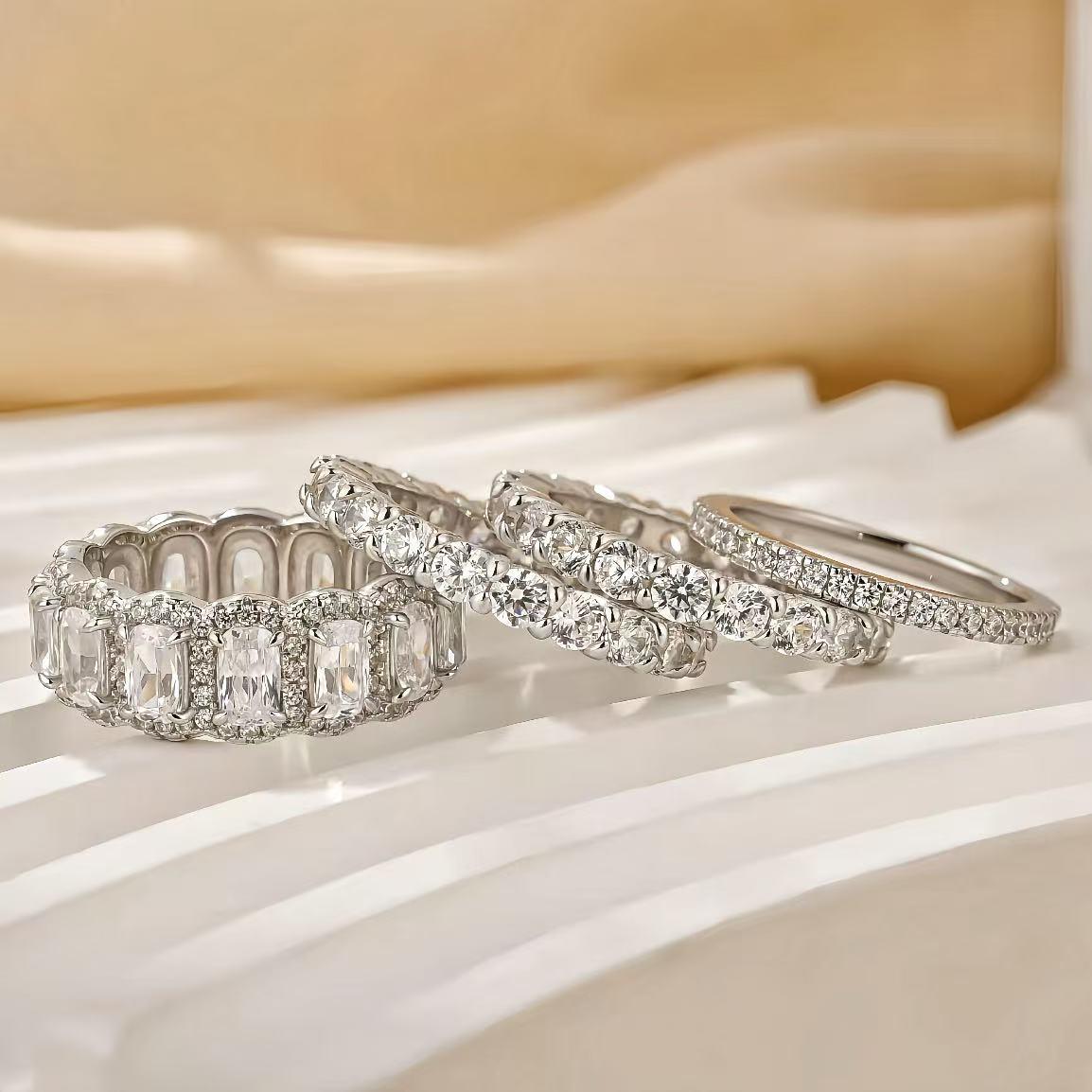 S925 Sterling Silver 10.0ct Cushion Cut 4PCS Stackable Wedding Band Ring Set, No Tarnish Full Eternity Churumbela Jewelry Set for Travel, Daily