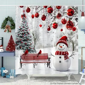 1pc  Flat Christmas Shower Curtain Winter Snowman & Red Cardinal Bathroom Decor with Snowy Trees High Quality Bath Tub Partition Curtain 66x72 Inch Machine Washable Holiday Bathroom Window Decoration Includes Hooks for Easy Hanging