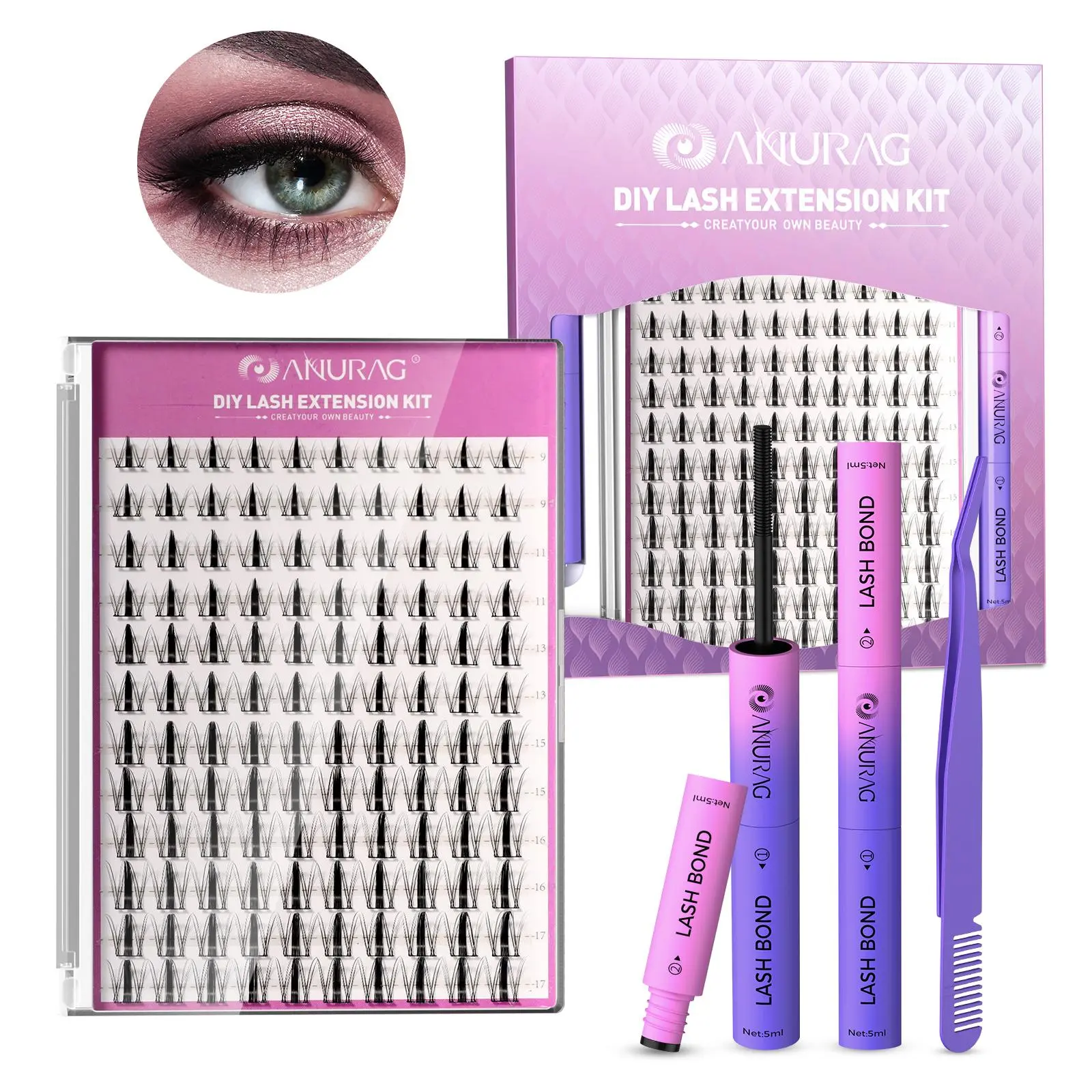ANURAG DIY Lash Clusters Kit - False Lashes, Eyelash Bond, Sealer, Remover, TikTok Tweezers for At-Home Application, Girls' Makeup Cosmetic, Christmas & New Year Gifts, Diy Lashes Clusters