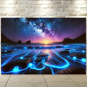 8x6ft Magical Blue Bioluminescent Beach Backdrop - Vibrant Polyester Wall Decor with Glowing Shoreline & Starry Sky, Perfect for Living Room, Bedroom, Office, Parties & Holiday Gifts, Outdoor Decoration | Fantasy Beach Scene | Decorative Tapestry