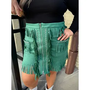 Plus Size Jade Suede Rodeo Zipper Studded Fringe Skirt