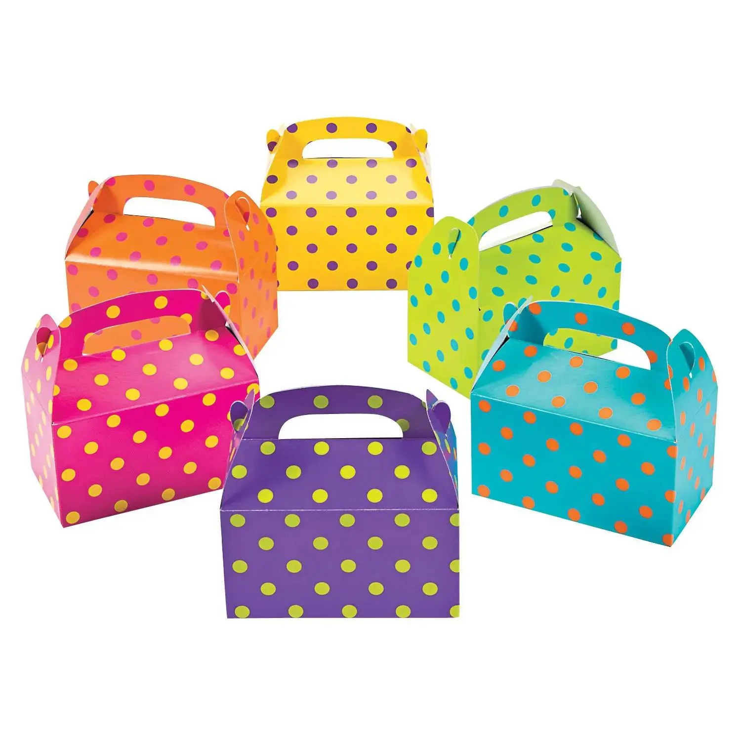 Bright Polka Dot Paper Party Gift Favor Boxes - 12 Pc, 6" x 3 1/2" x 6" Size, Gift Box Design, Simple Assembly