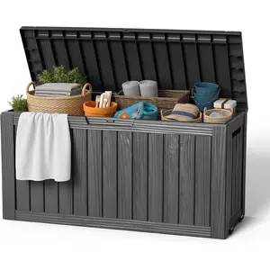 EasyUp 85 Gallon Outdoor Storage Box, Resin Waterproof UV-Resistant Deck Box, Reinforced Stability for Patio, Garden, and Poolside, Striped Black