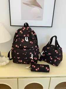 Japanese-Style Black Strawberry All-Over Print Backpack 3-Piece Set Weight-Reducing Spine-Protecting Student Backpack, Tote Bag & Pencil Case School Set New Arrival Cute Stylish Daypacks Zip Backpack